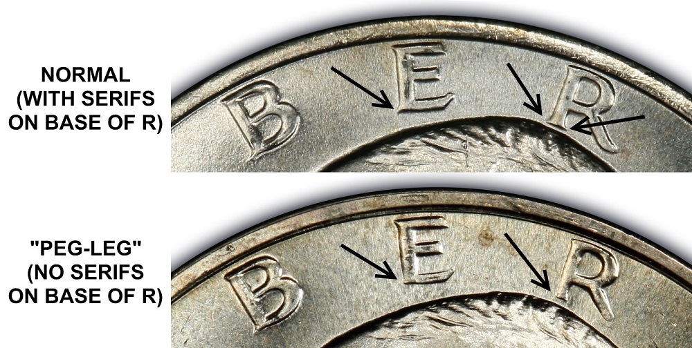 Side-by-side comparison of standard 1971-S dollar R in LIBERTY (with serifs) vs Peg Leg FS-401 variety (square serif-less base)