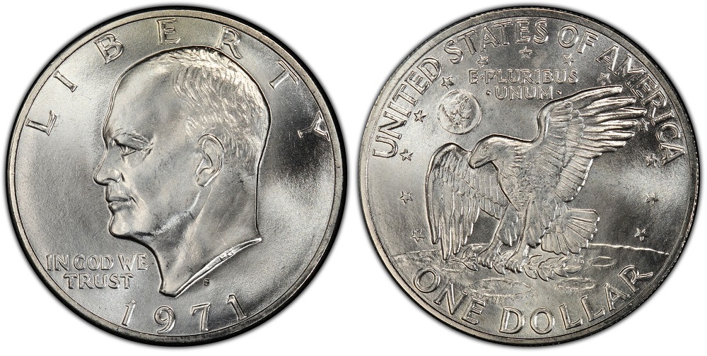 1971-S Doubled Die Obverse showing doubled lettering in IN GOD WE TRUST on the Eisenhower dollar