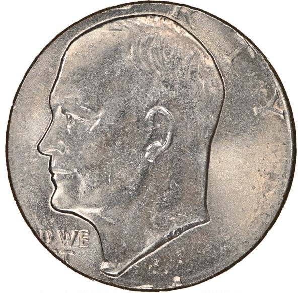 1971-D Eisenhower dollar struck on a half-dollar planchet showing the truncated design and incorrect planchet size