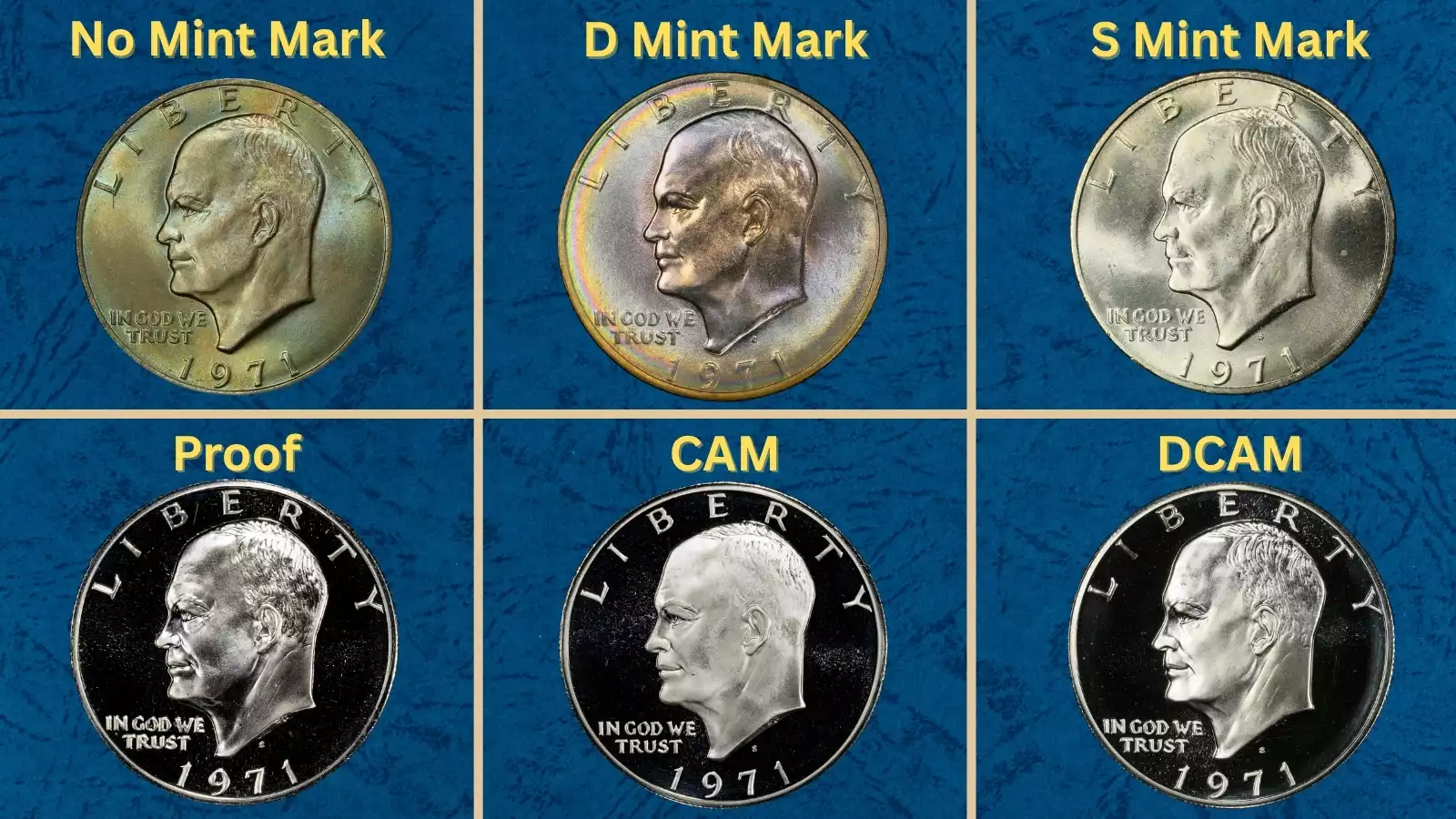 Group of 1971 Eisenhower dollars showing variety of mint marks and conditions from circulated to gem uncirculated