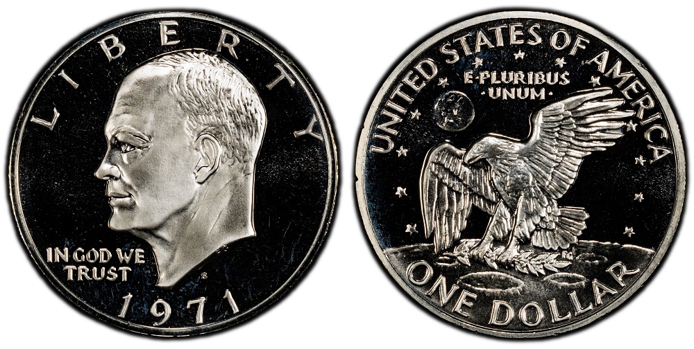 1971 Eisenhower dollar grading strip showing four condition tiers from worn to gem uncirculated